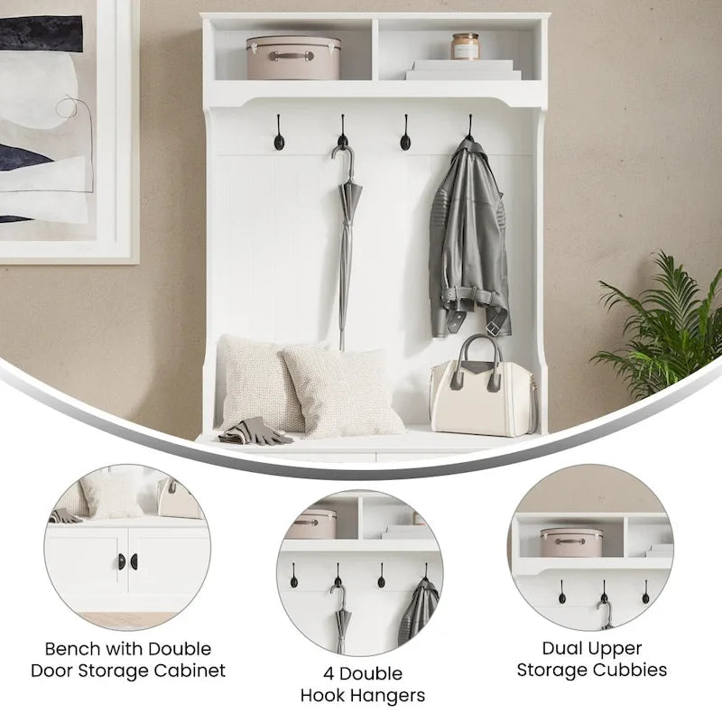 4 Hook Hallway Tree with Storage Bench and Upper Cubbies