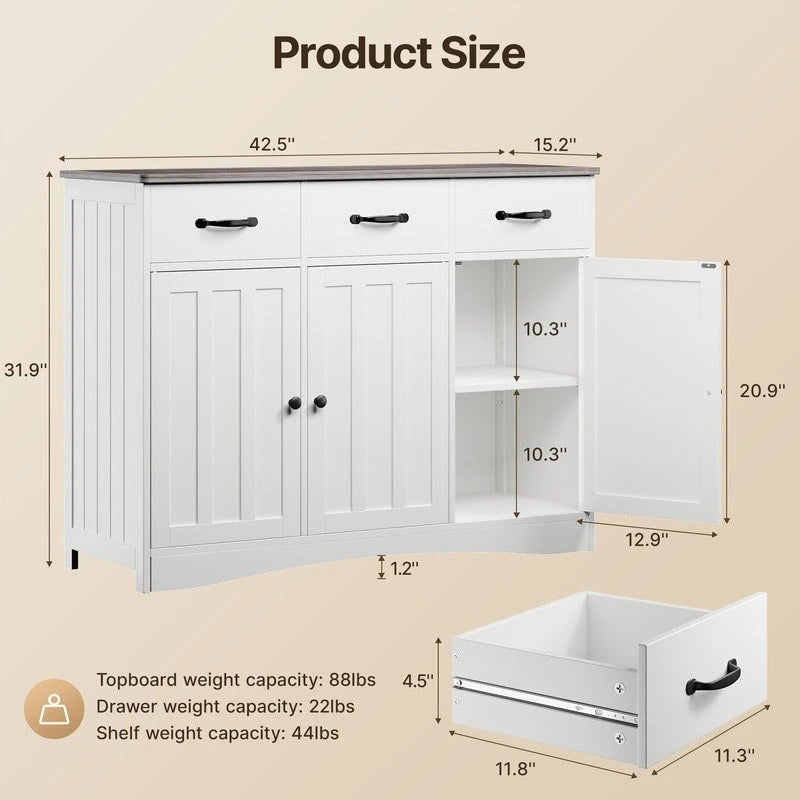 42.5 Farmhouse Buffets Sideboard, Modern Wood Kitchen Storage Cabinet with Adjustable Shelf