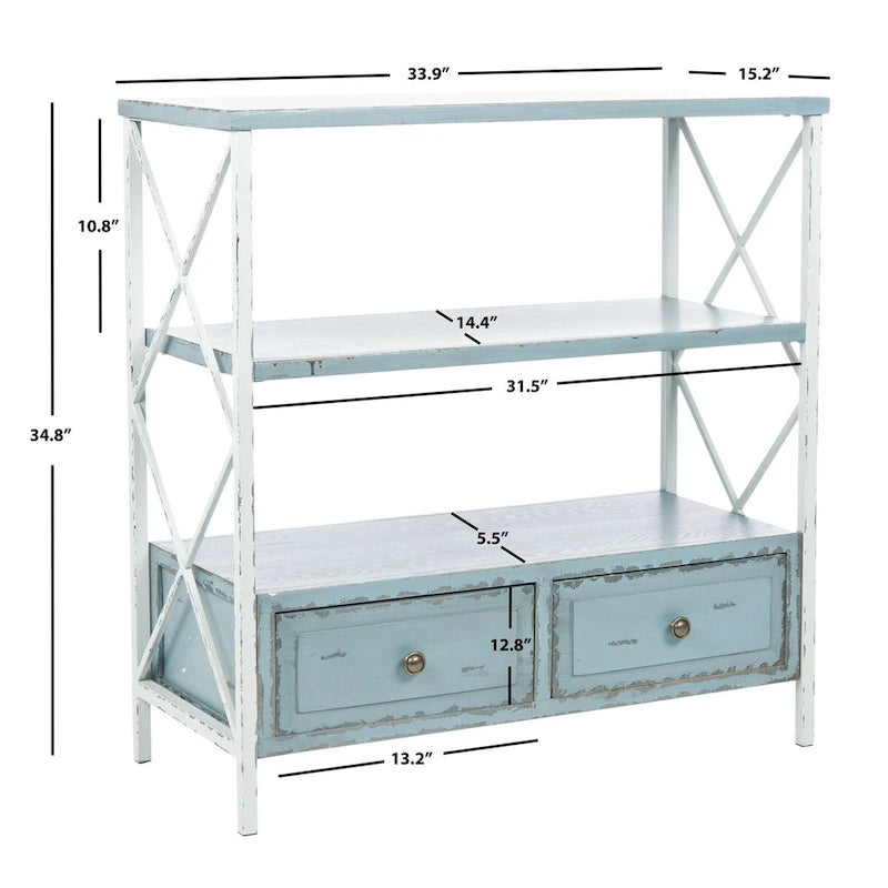 Mesa consola de almacenamiento azul pálido de estilo shabby chic con estructura en X, estantes y cajones