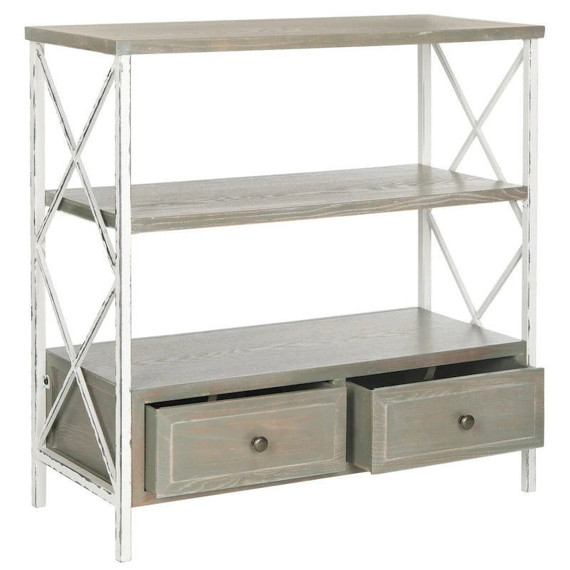 Mesa consola de almacenamiento azul pálido de estilo shabby chic con estructura en X, estantes y cajones