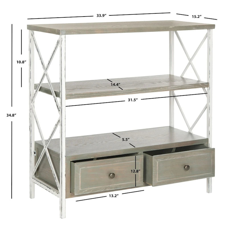 Mesa consola de almacenamiento azul pálido de estilo shabby chic con estructura en X, estantes y cajones