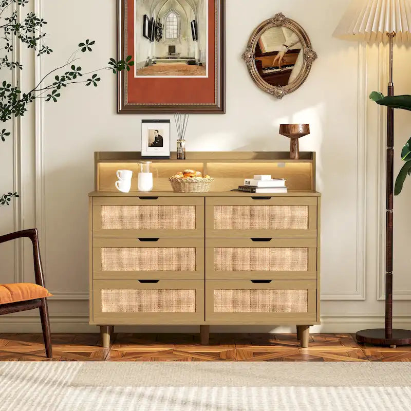 6-Drawer Rattan Dresser with LED Lights and Power Outlet for Bedroom and Living Room