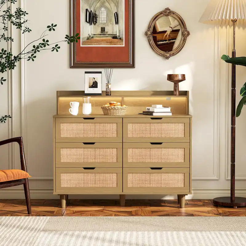 6-Drawer Rattan Dresser with LED Lights and Power Outlet for Bedroom and Living Room