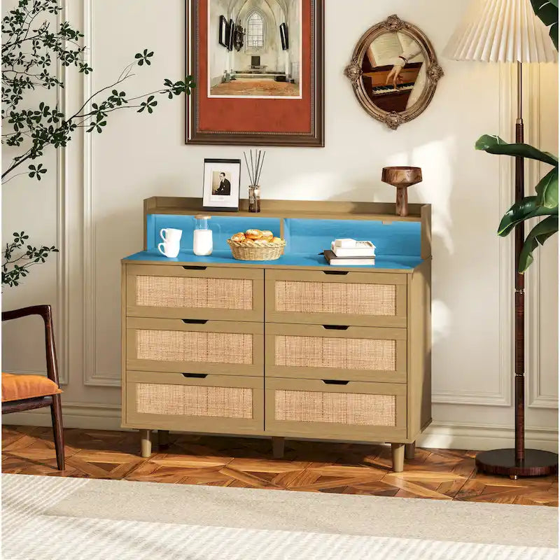 6-Drawer Rattan Dresser with LED Lights and Power Outlet for Bedroom and Living Room