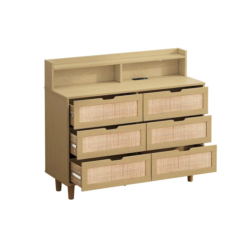 6-Drawer Rattan Dresser with LED Lights and Power Outlet for Bedroom and Living Room