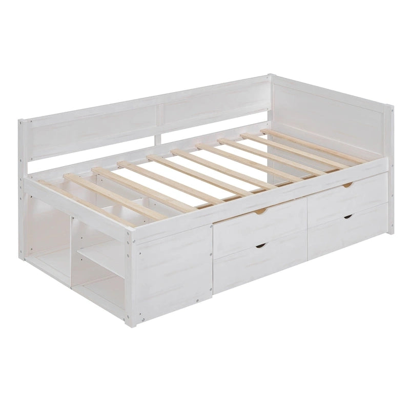 Een eenpersoonsbedbank met laden en planken