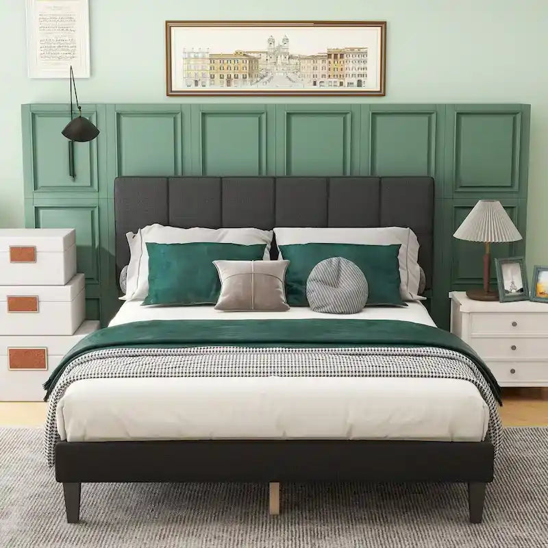 Queen Size Upholstered Platform Bed Frame with Headboard and Wooden Slats