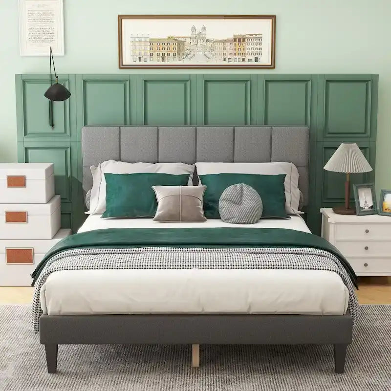 Queen Size Upholstered Platform Bed Frame with Headboard and Wooden Slats