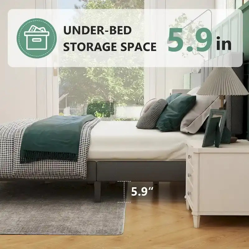 Queen Size Upholstered Platform Bed Frame with Headboard and Wooden Slats