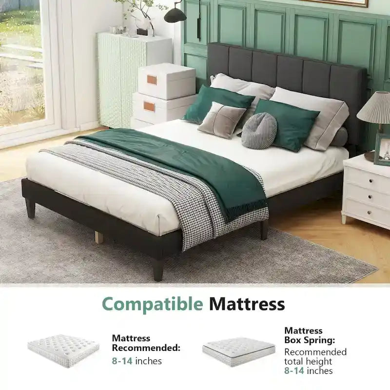 Επενδεδυμένο κρεβάτι πλατφόρμας Queen Size με κεφαλάρι και ξύλινες τάβλες