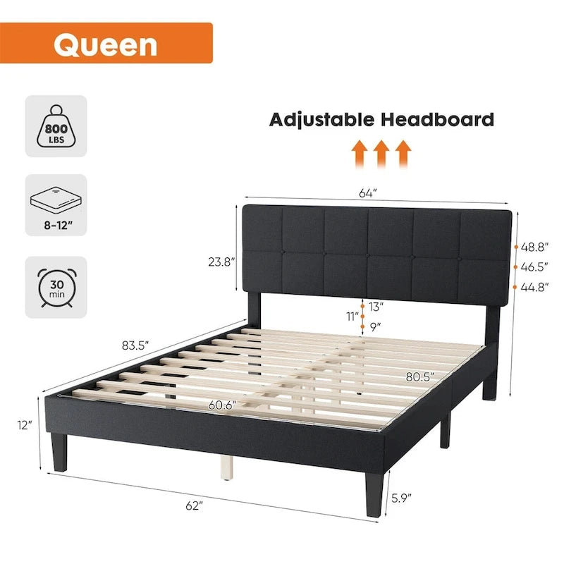Επενδεδυμένο κρεβάτι πλατφόρμας Queen Size με κεφαλάρι και ξύλινες τάβλες