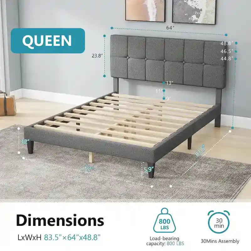 Επενδεδυμένο κρεβάτι πλατφόρμας Queen Size με κεφαλάρι και ξύλινες τάβλες