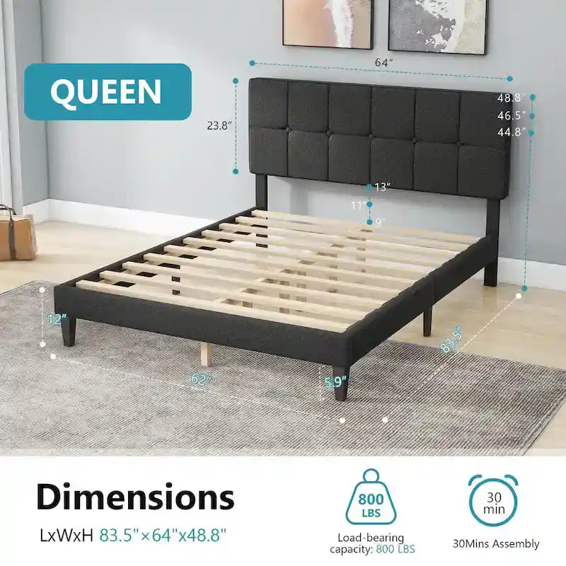 Επενδεδυμένο κρεβάτι πλατφόρμας Queen Size με κεφαλάρι και ξύλινες τάβλες