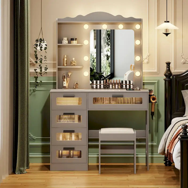 Makeup Vanity Table with 3 Lighting Colors and 5 Drawers