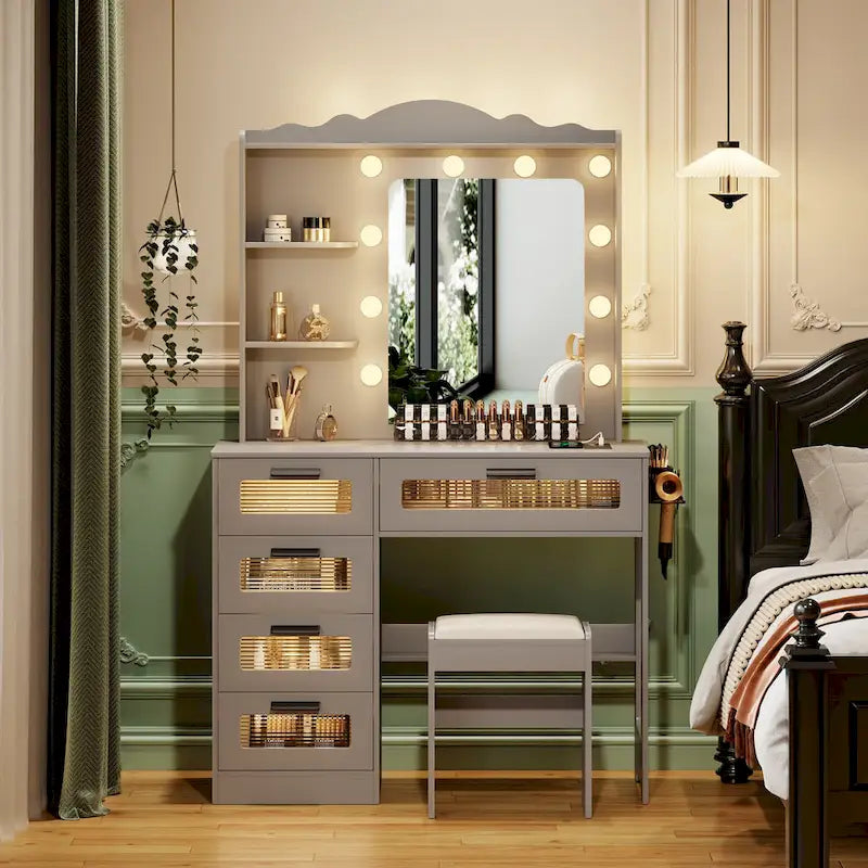 Makeup Vanity Table with 3 Lighting Colors and 5 Drawers