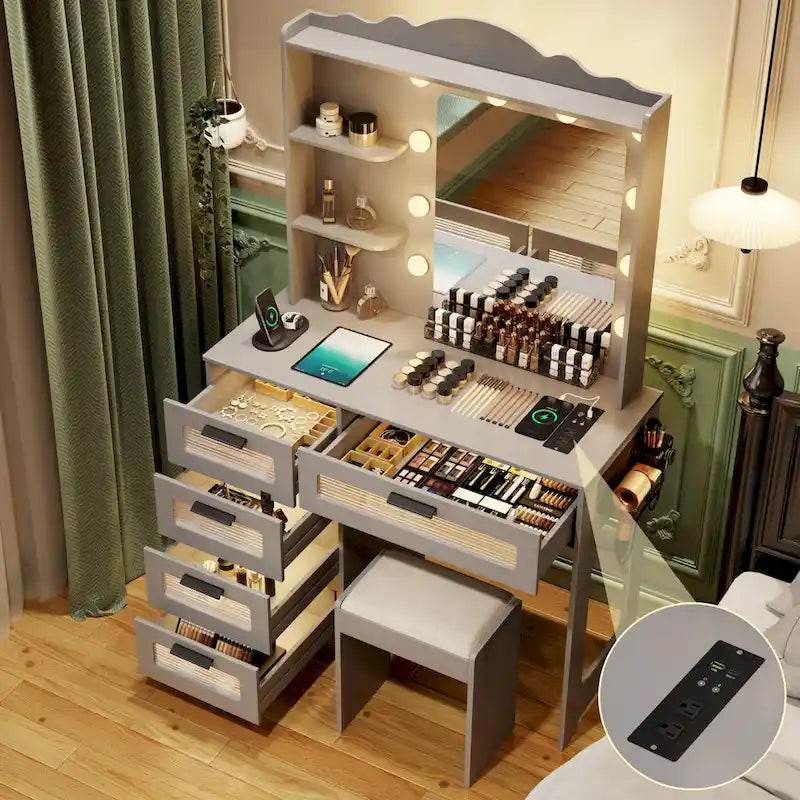 Makeup Vanity Table with 3 Lighting Colors and 5 Drawers