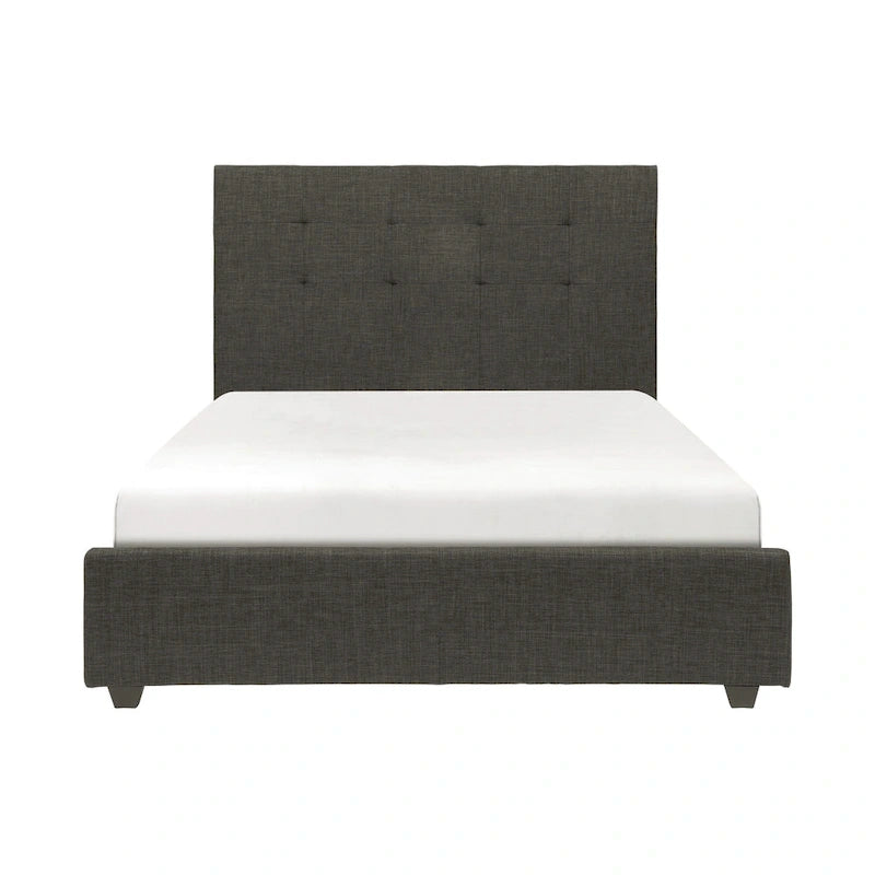 King-size platform bed with tufted upholstered headboard and grey solid wood frame.