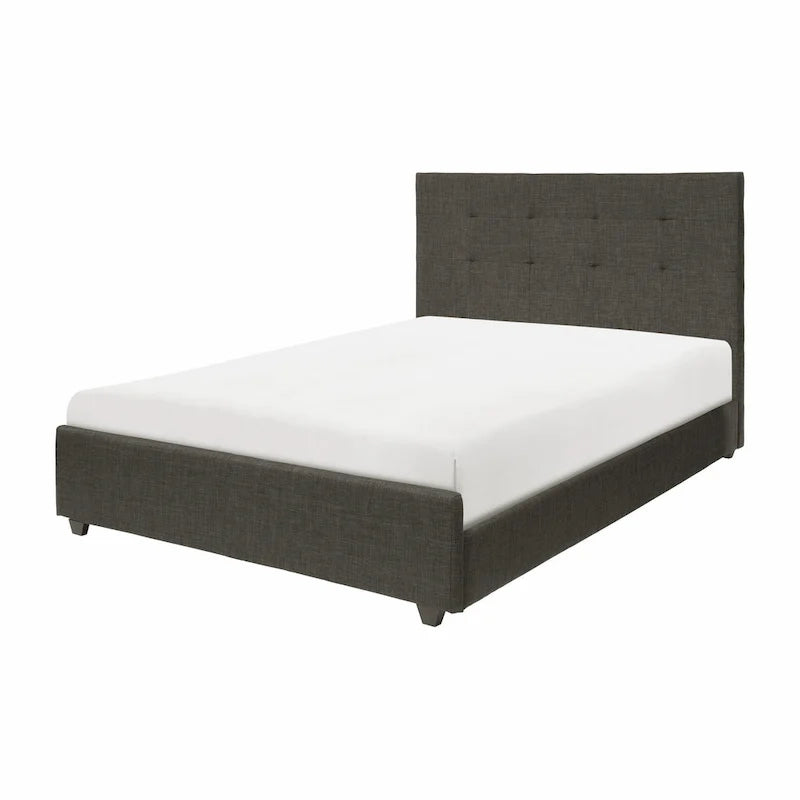 King-size platform bed with tufted upholstered headboard and grey solid wood frame.