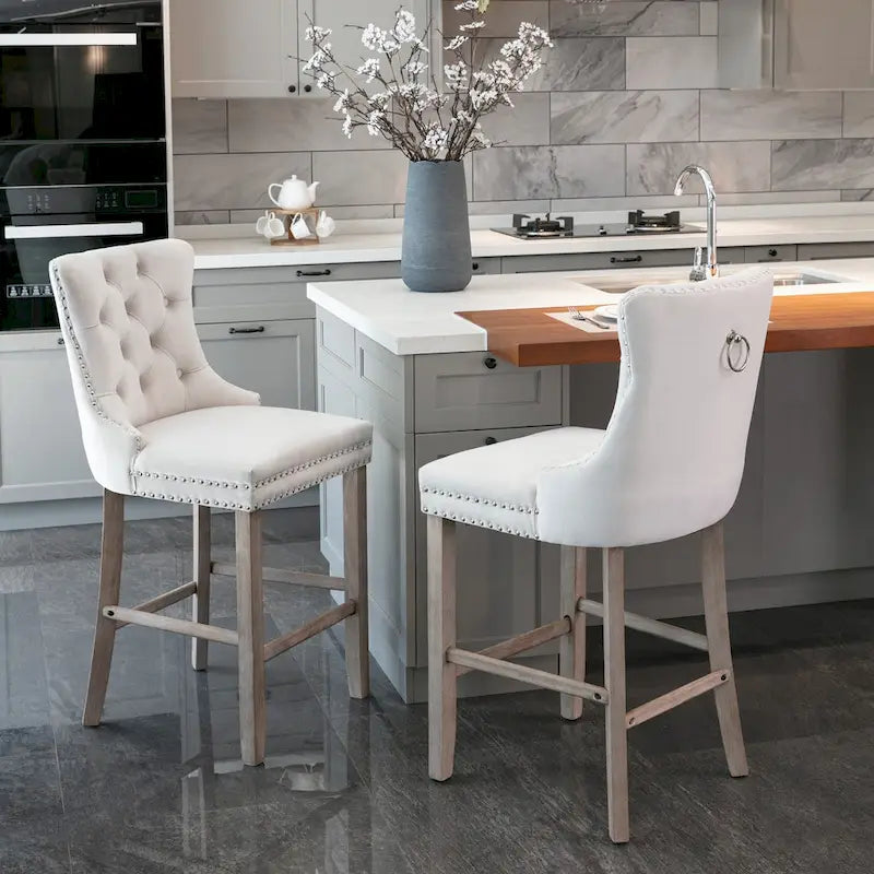 Modern Velvet Upholstered Barstools Bar Chairs with Button Tufted Decoration,Wooden Legs,Chrome Nailhead Trim, Set of 2