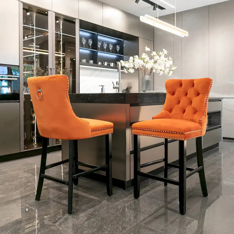 Modern Velvet Upholstered Barstools with Button Tufted Nailhead Trim Set of 2