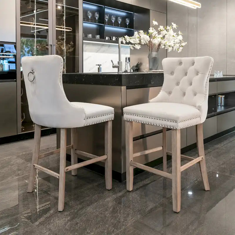 Modern Velvet Upholstered Barstools with Button Tufted Nailhead Trim Set of 2