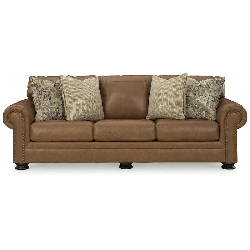 Queen-Sofa-Schlafsessel in Karamell mit Nagelkopfbesatz und Memory-Foam-Matratze