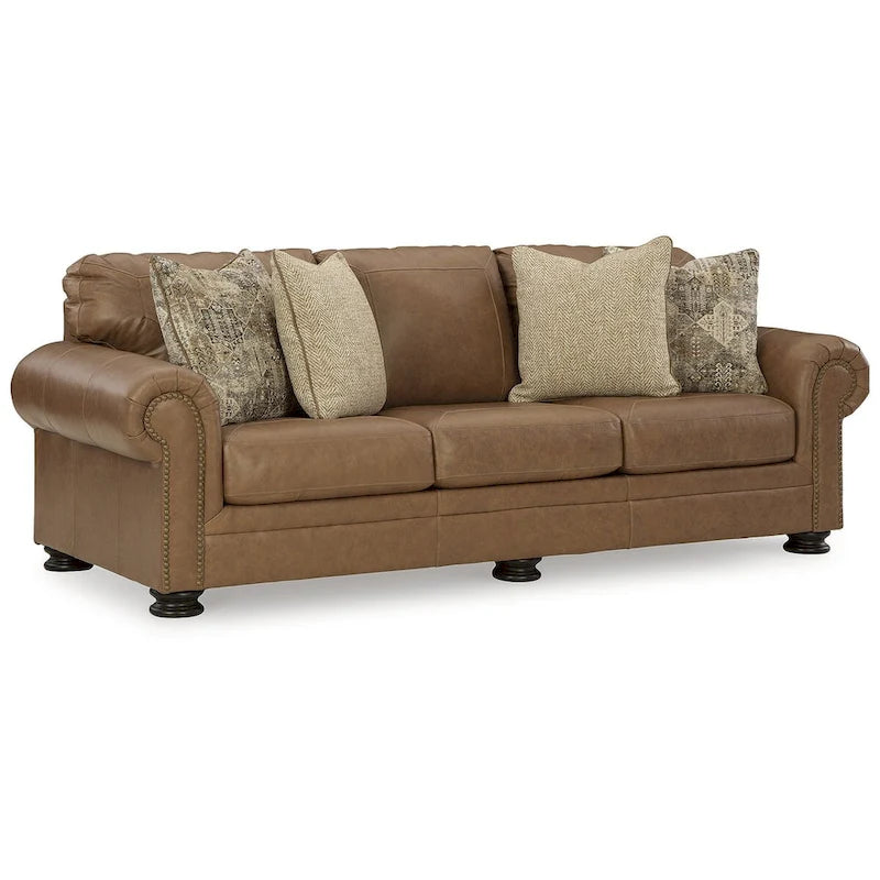 Queen-Sofa-Schlafsessel in Karamell mit Nagelkopfbesatz und Memory-Foam-Matratze