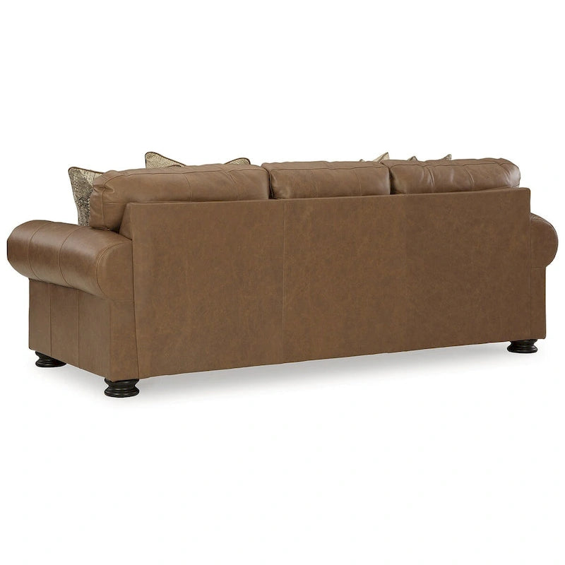 Queen-Sofa-Schlafsessel in Karamell mit Nagelkopfbesatz und Memory-Foam-Matratze