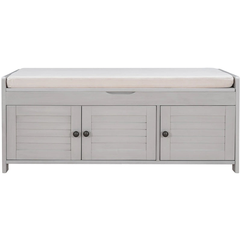 Storage Bench with 3 Shutter-shaped Doors, Removable Cushion and Hidden Storage Space