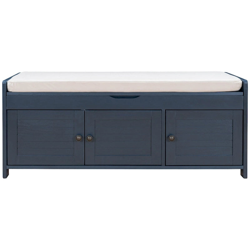 Storage Bench with 3 Shutter-shaped Doors, Removable Cushion and Hidden Storage Space