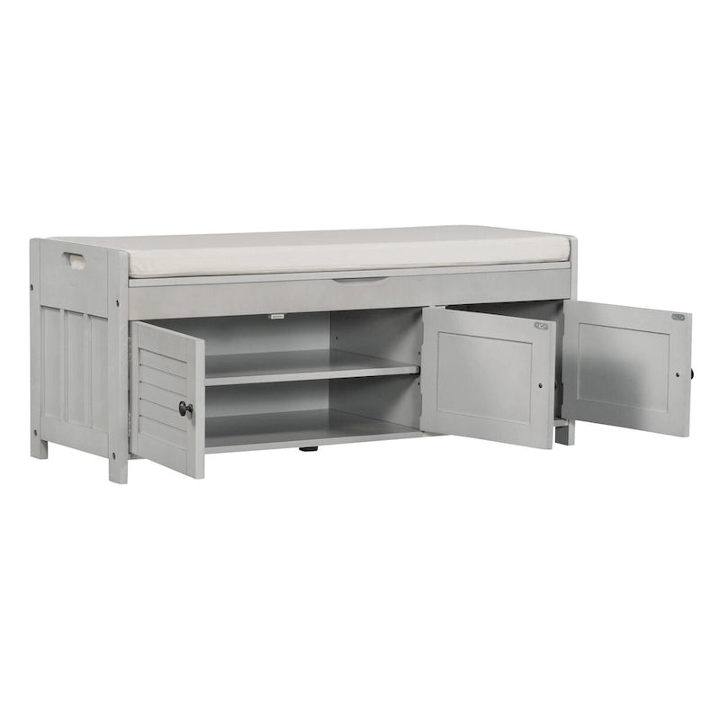 Storage Bench with 3 Shutter-shaped Doors, Removable Cushion and Hidden Storage Space