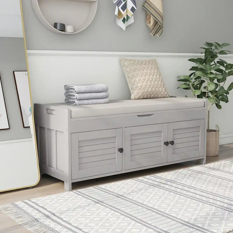 Storage Bench with 3 Shutter-shaped Doors, Removable Cushion and Hidden Storage Space