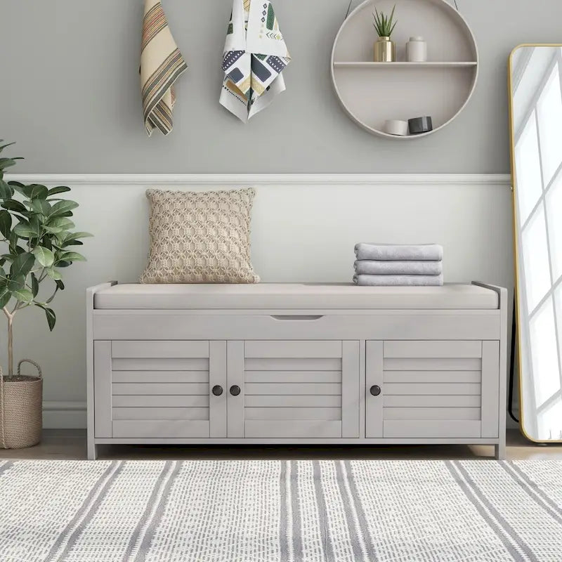 Storage Bench with 3 Shutter-shaped Doors, Removable Cushion and Hidden Storage Space