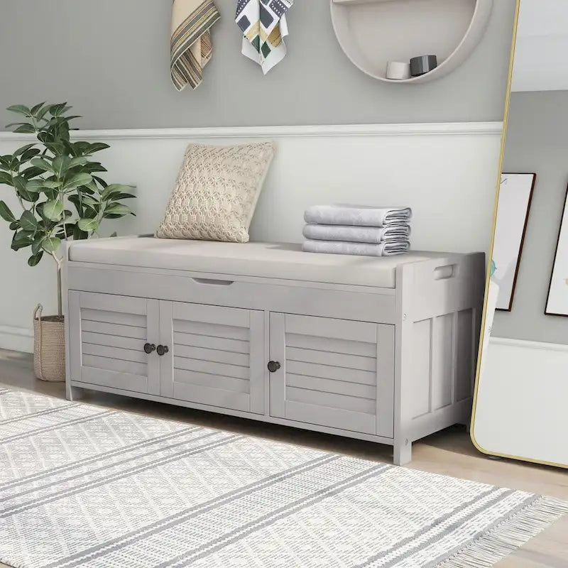 Storage Bench with 3 Shutter-shaped Doors, Removable Cushion and Hidden Storage Space