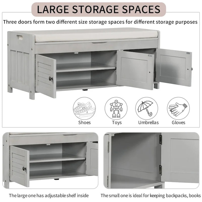 Storage Bench with 3 Shutter-shaped Doors, Removable Cushion and Hidden Storage Space