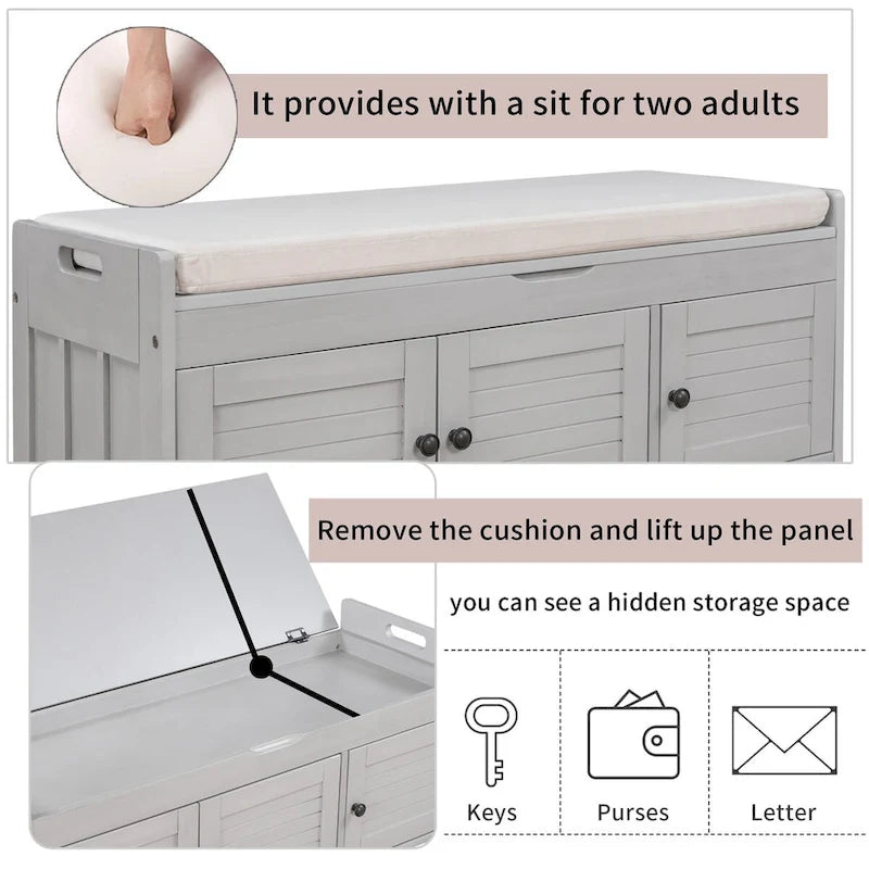 Storage Bench with 3 Shutter-shaped Doors, Removable Cushion and Hidden Storage Space