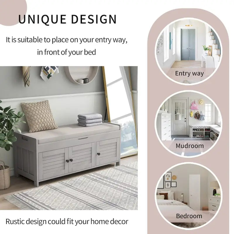 Storage Bench with 3 Shutter-shaped Doors, Removable Cushion and Hidden Storage Space