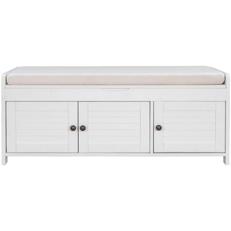 Storage Bench with 3 Shutter-shaped Doors, Removable Cushion and Hidden Storage Space