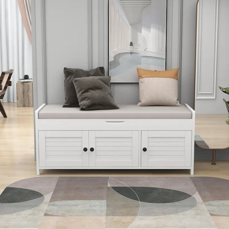 Storage Bench with 3 Shutter-shaped Doors, Removable Cushion and Hidden Storage Space