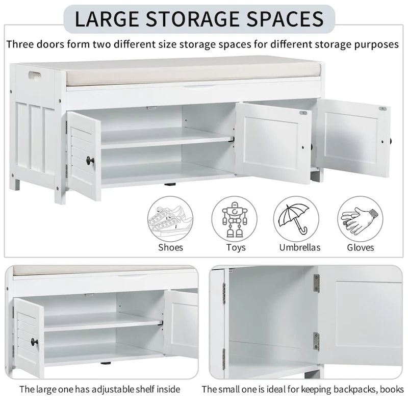 Storage Bench with 3 Shutter-shaped Doors, Removable Cushion and Hidden Storage Space