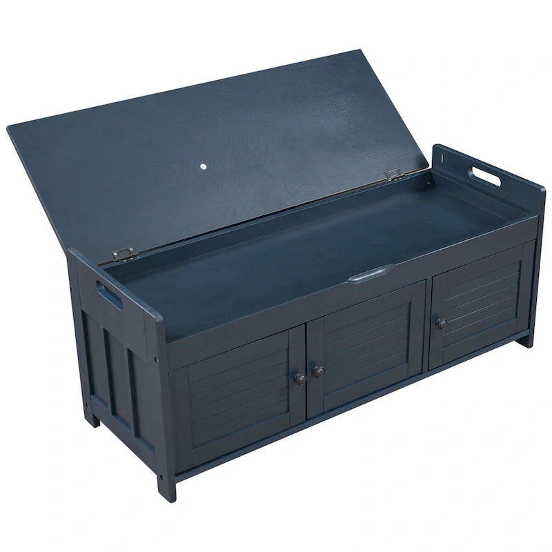 Storage Bench with 3 Shutter-shaped Doors, Removable Cushion and Hidden Storage Space