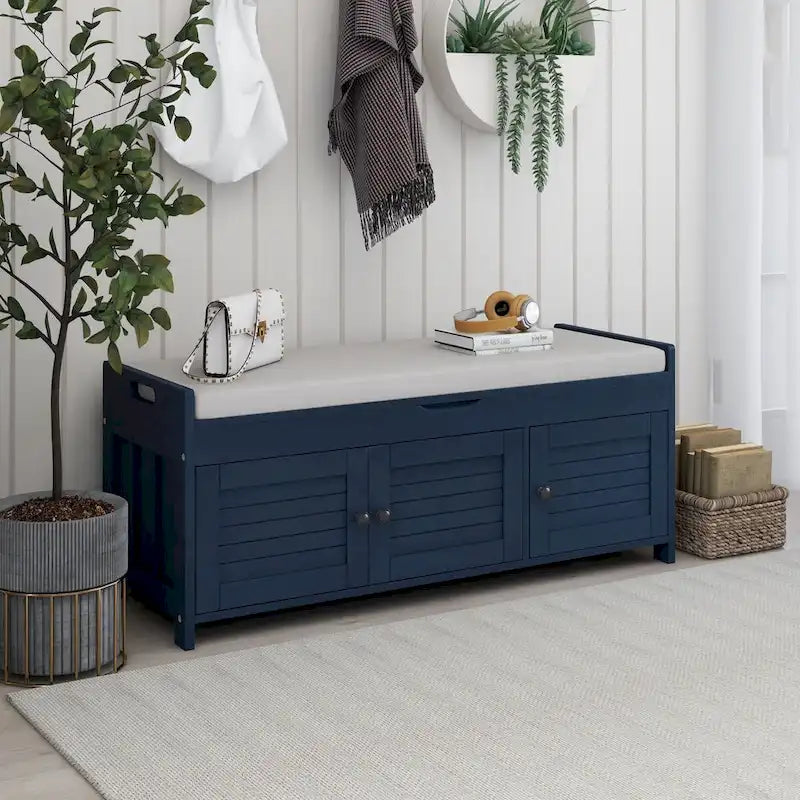 Storage Bench with 3 Shutter-shaped Doors, Removable Cushion and Hidden Storage Space