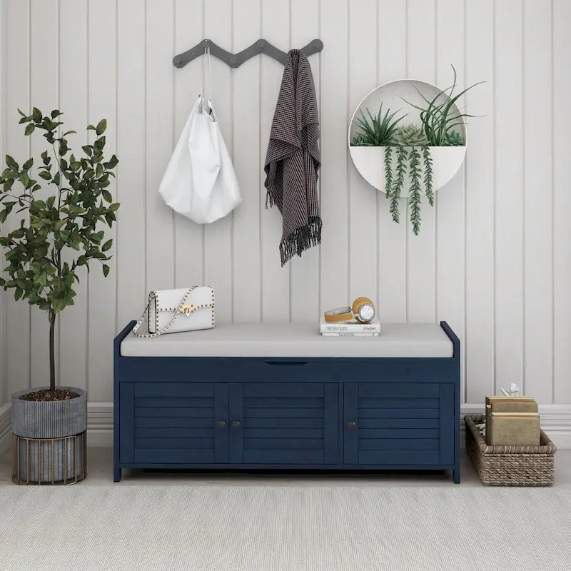 Storage Bench with 3 Shutter-shaped Doors, Removable Cushion and Hidden Storage Space
