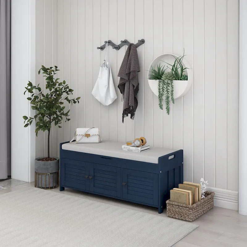 Storage Bench with 3 Shutter-shaped Doors, Removable Cushion and Hidden Storage Space