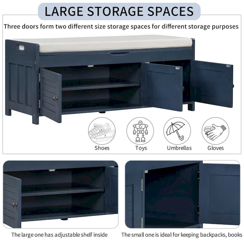 Storage Bench with 3 Shutter-shaped Doors, Removable Cushion and Hidden Storage Space