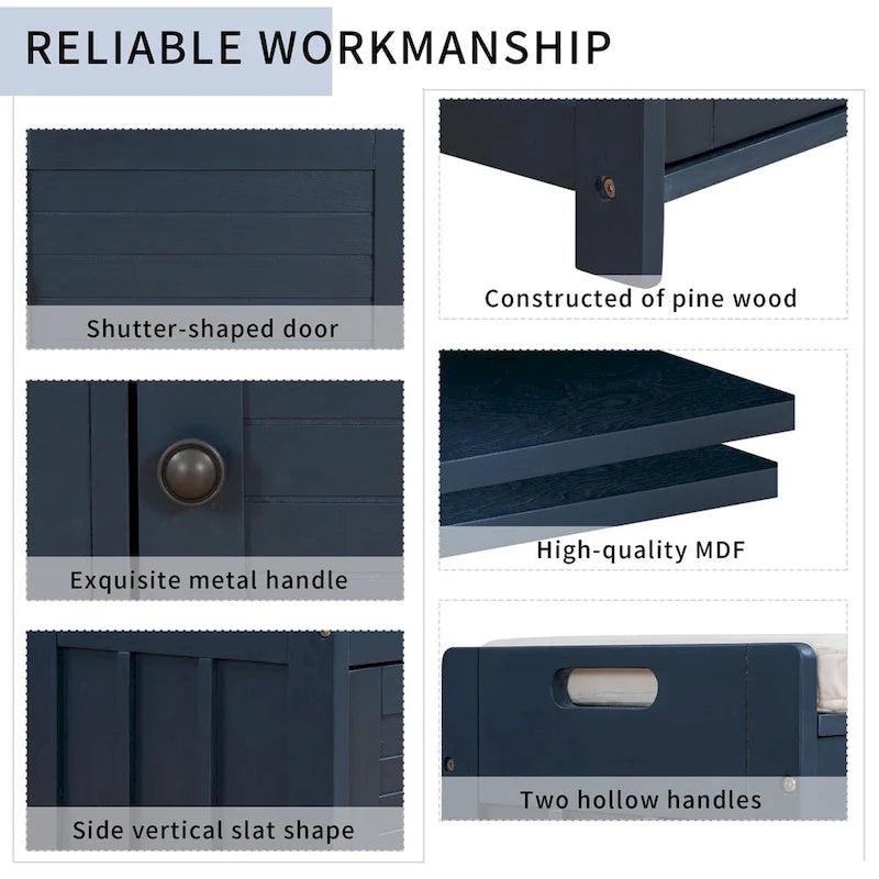 Storage Bench with 3 Shutter-shaped Doors, Removable Cushion and Hidden Storage Space