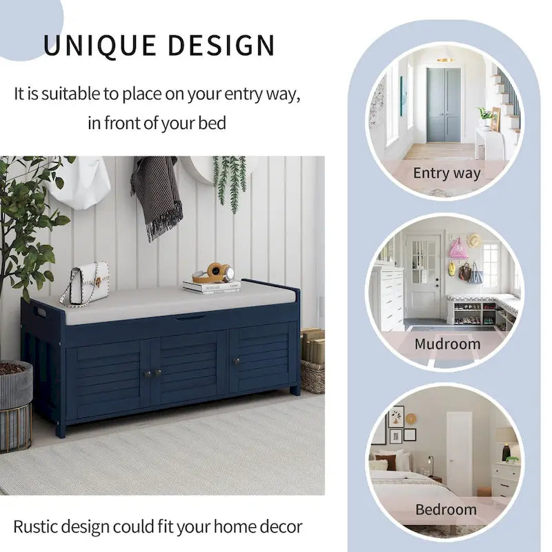 Storage Bench with 3 Shutter-shaped Doors, Removable Cushion and Hidden Storage Space