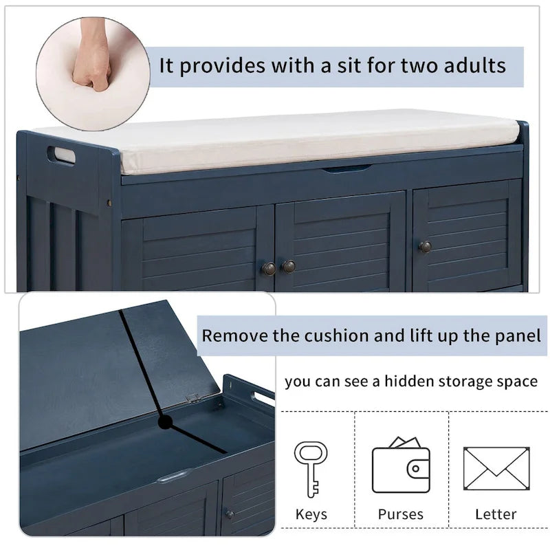 Storage Bench with 3 Shutter-shaped Doors, Removable Cushion and Hidden Storage Space