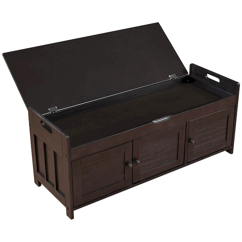 Storage Bench with 3 Shutter-shaped Doors, Removable Cushion and Hidden Storage Space