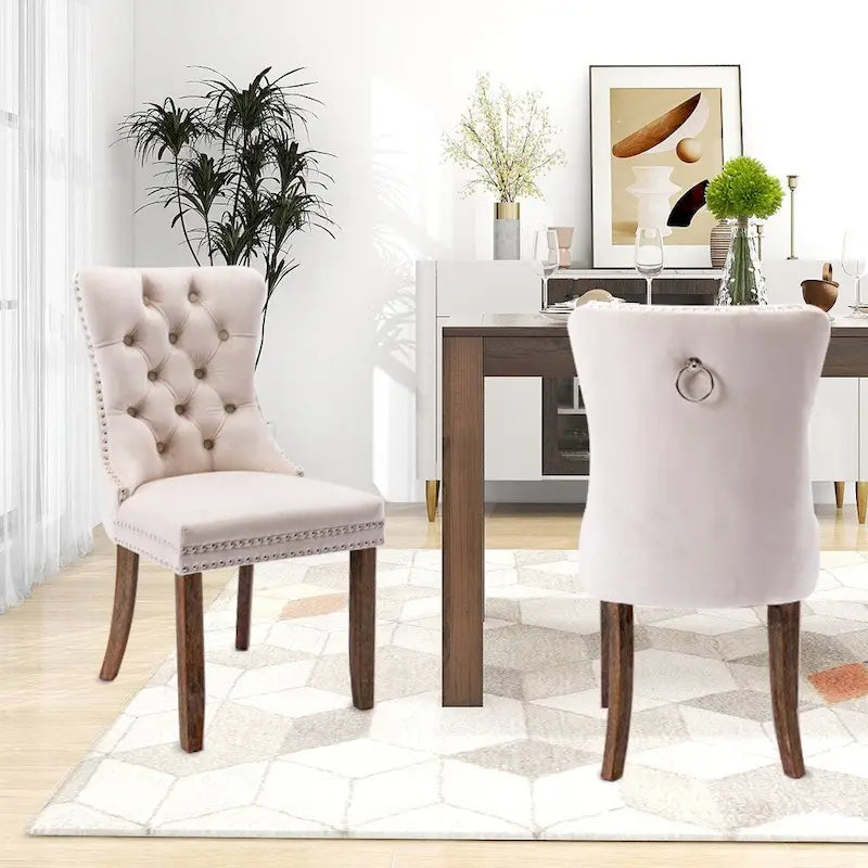 Velvet Dining Chairs Set of 2 Upholstered Tufted with Nailhead Trim Solid Wood Legs